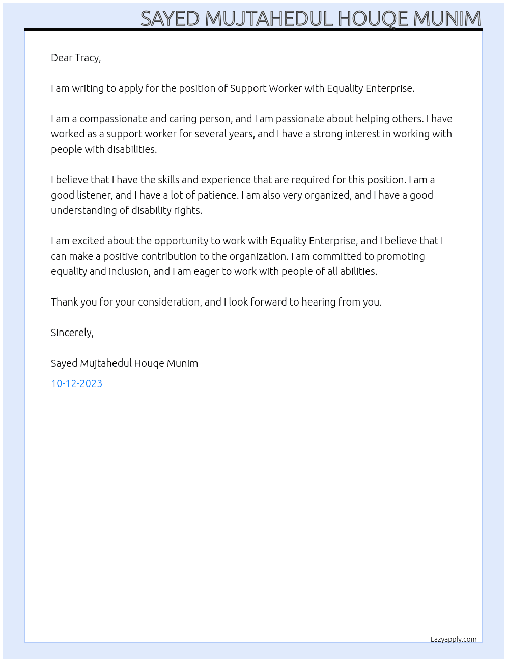 Support Worker At Equality Enterprise Cover Letter