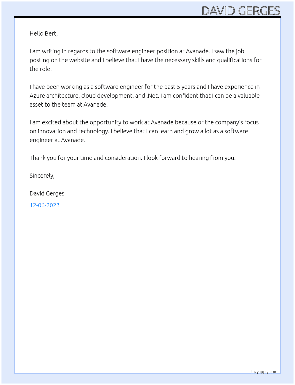Software Engineer At Avanade Cover Letter