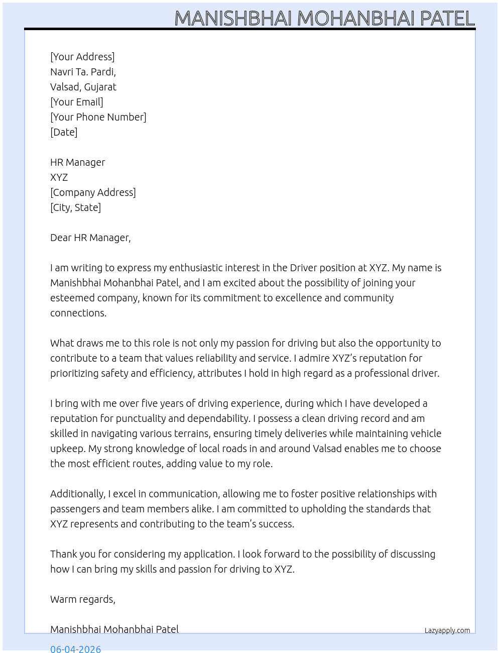 Cover letter for driver - LazyApply