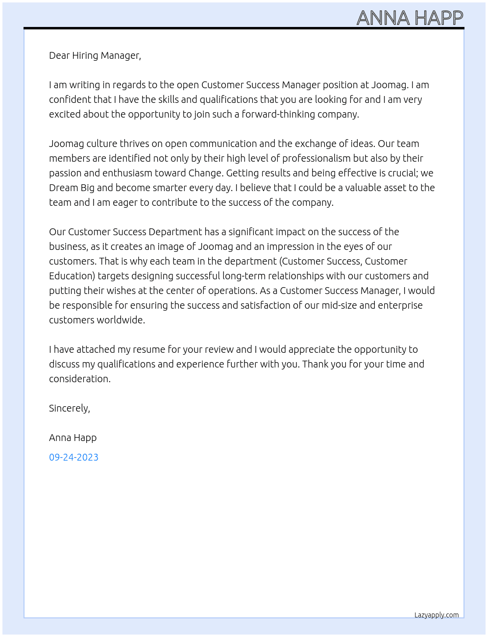 customer success manager At Joomag Cover Letter
