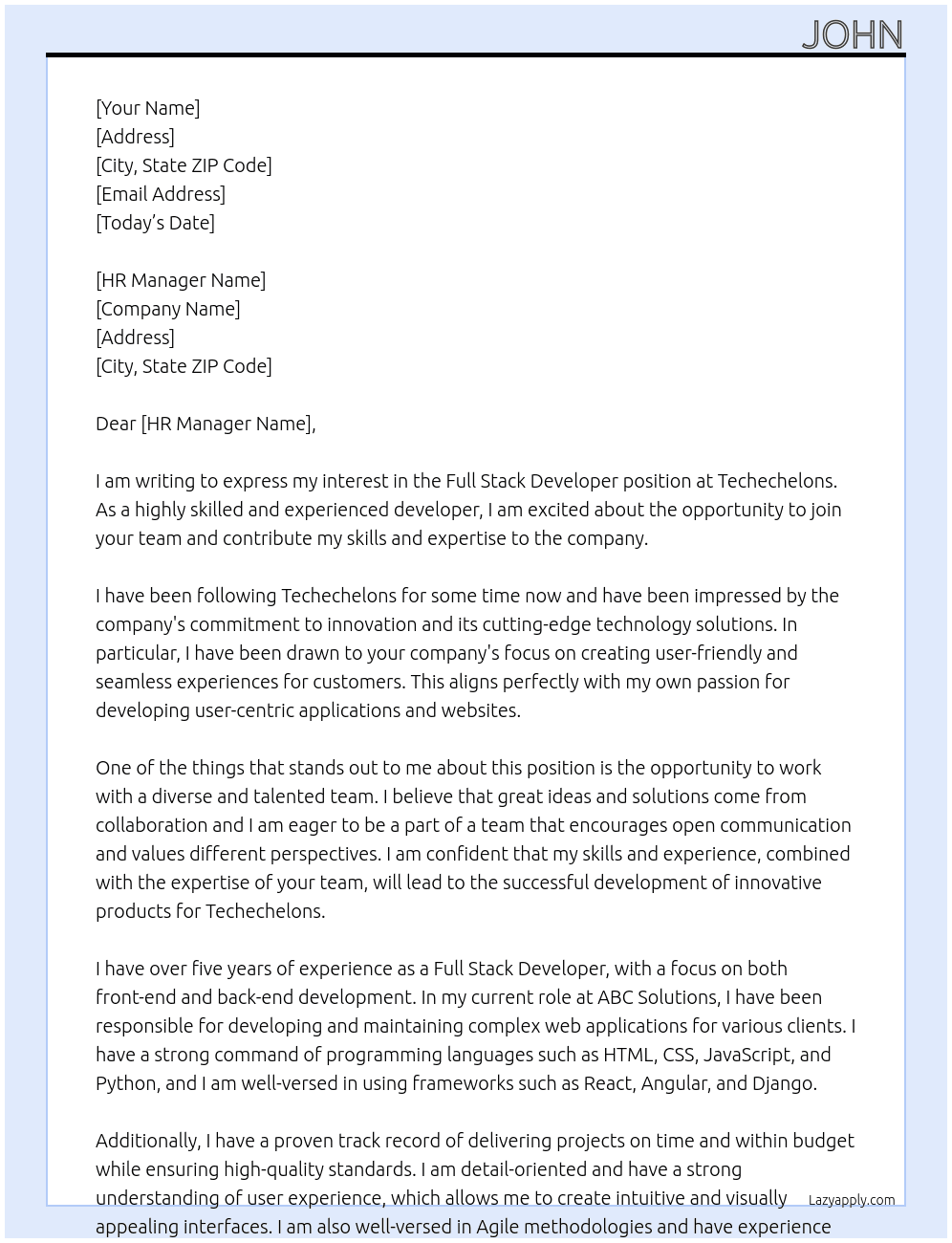 Full Stack Developer At Techechelons Cover Letter