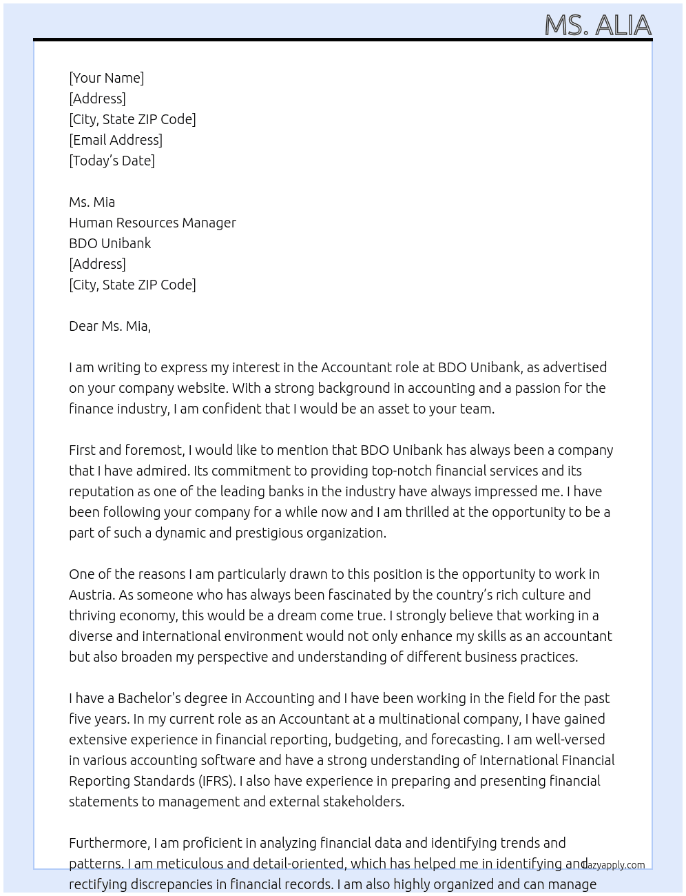 Accounting  At BDO unibank  Cover Letter