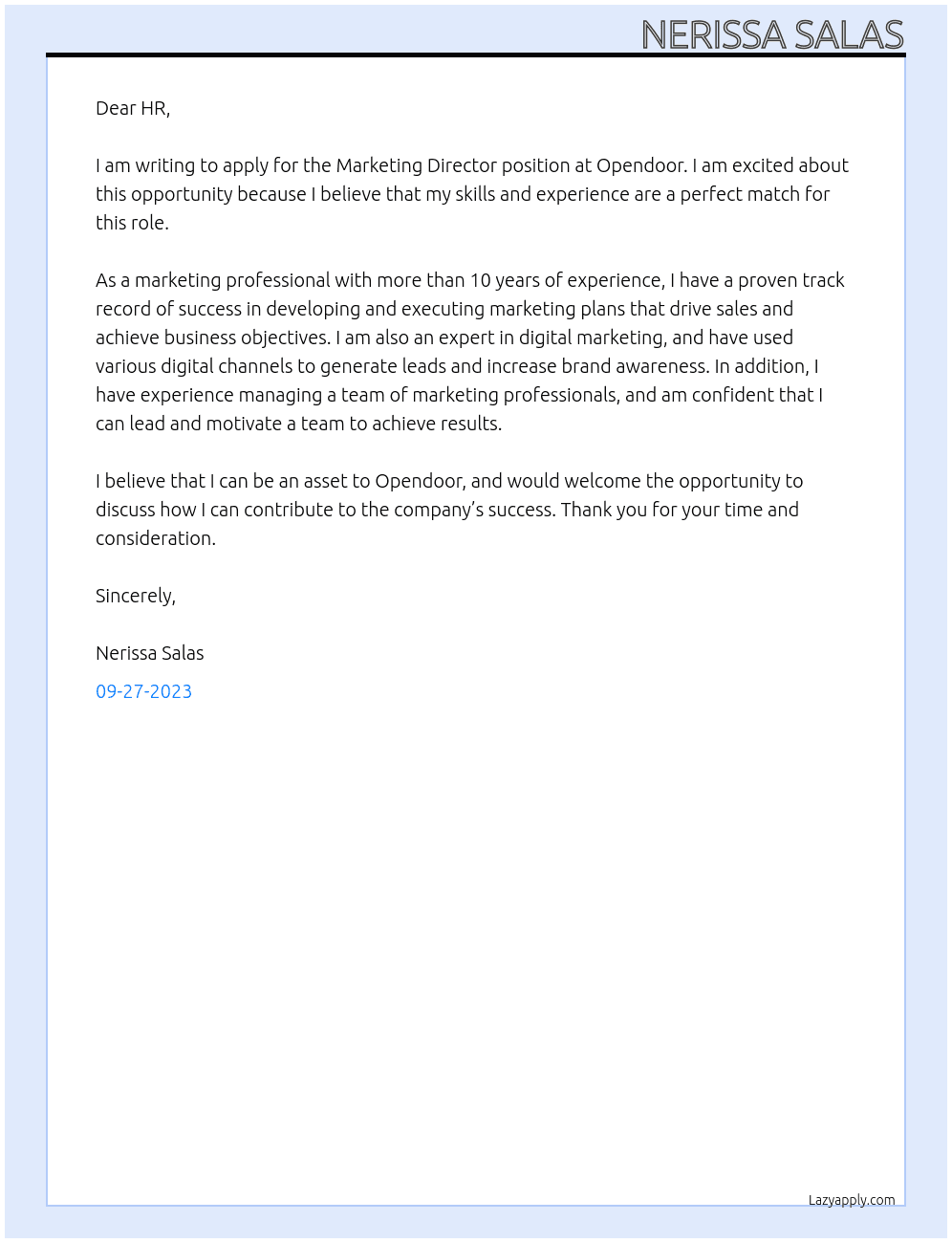 Marketing Director At Opendoor Cover Letter