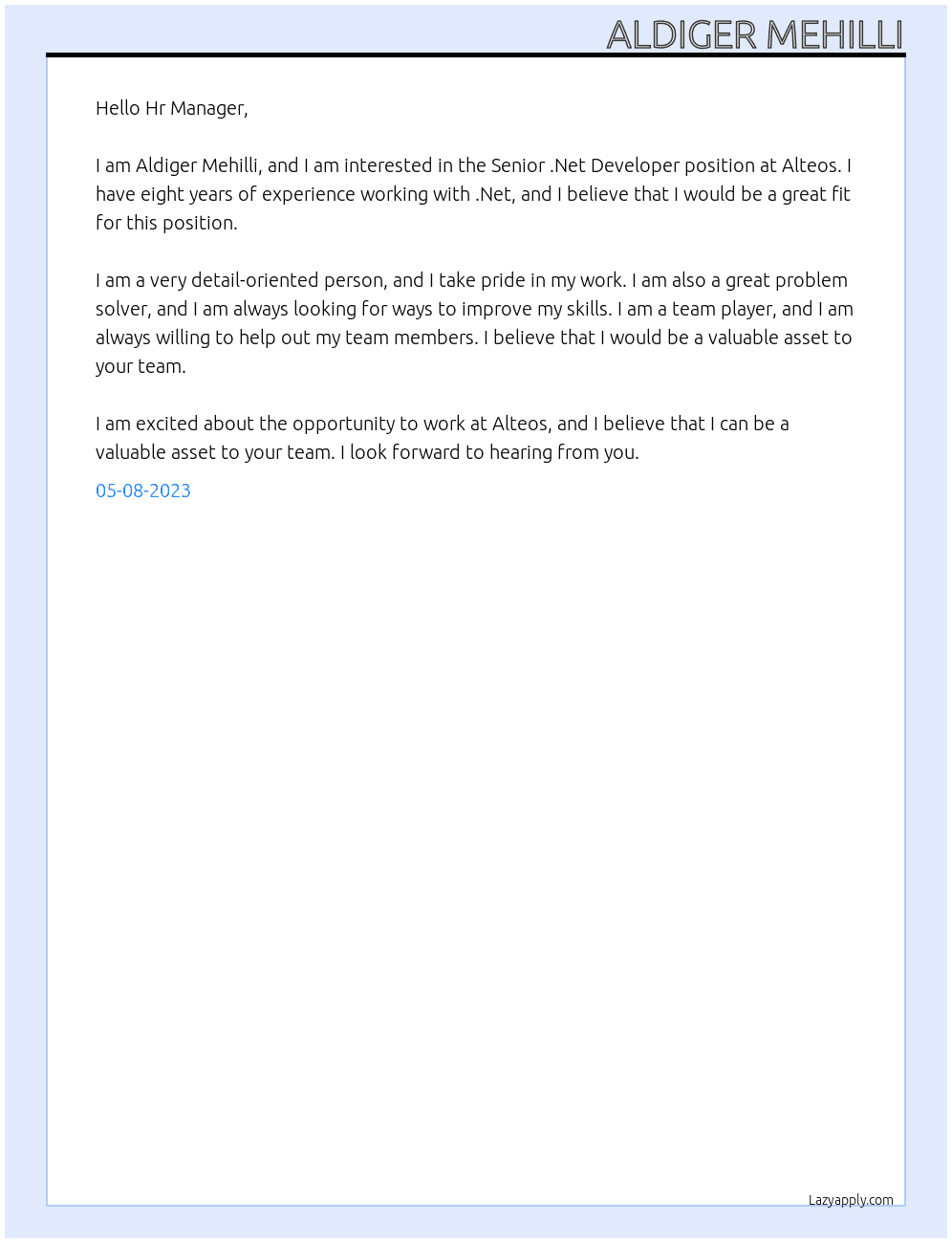 Senior .Net Developer At Alteos Cover Letter