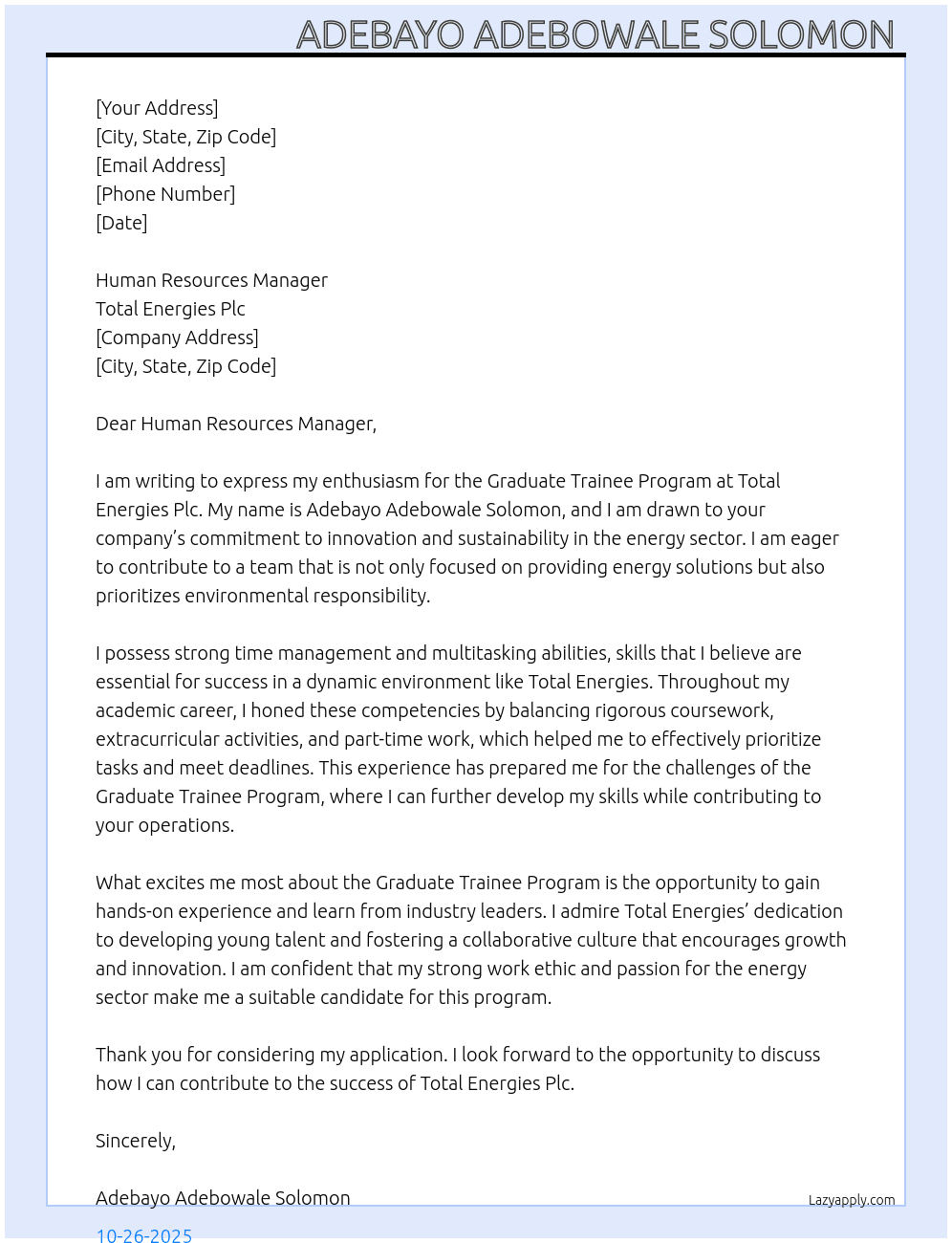 Graduate trainee program  At Total Energies Plc Cover Letter