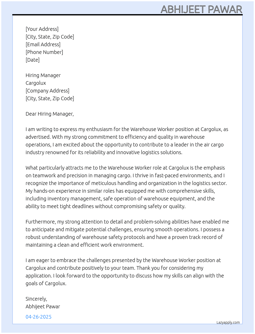 Warehouse Worker At Cargolux Cover Letter