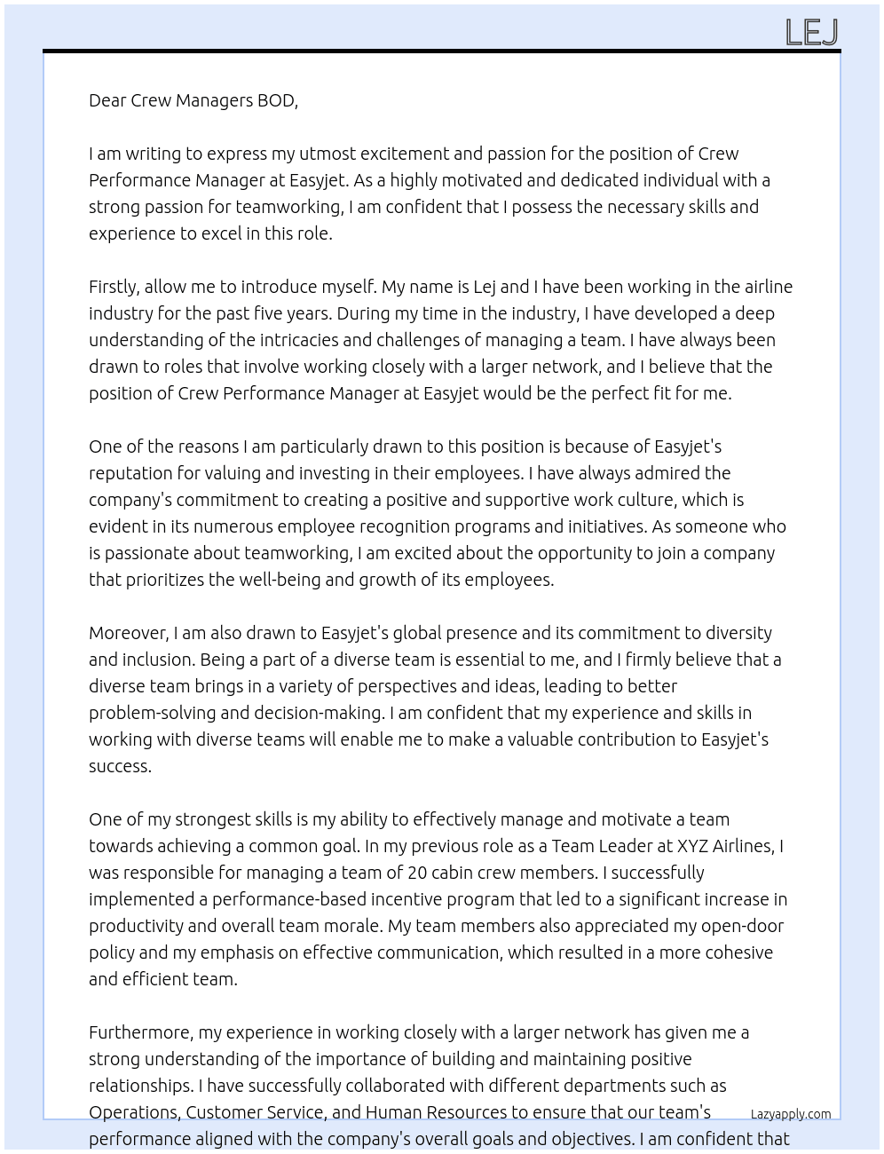 Crew performance manager At Easyjet Cover Letter