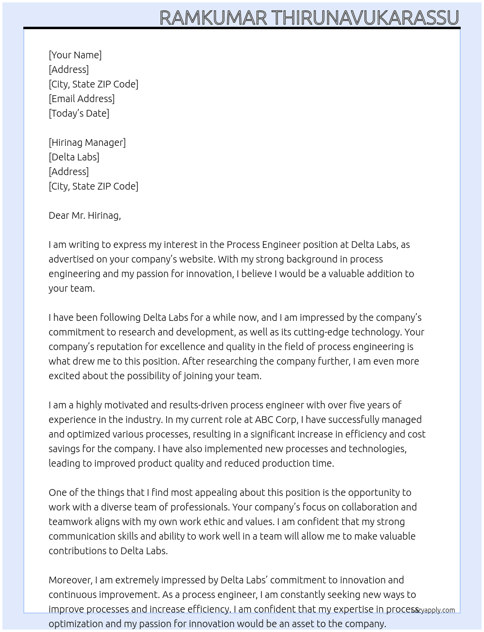 Process engineer At Delta labs Cover Letter