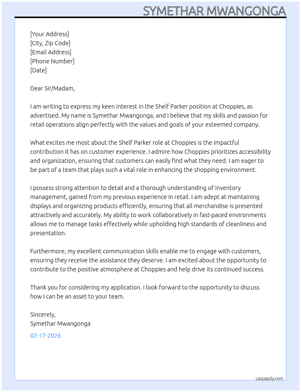 Shelf parker At Choppies  Cover Letter