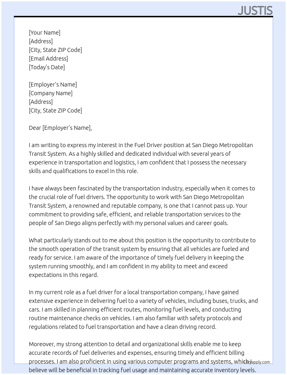 Fuel driver At San Diego Metropolitan Transit System Cover Letter