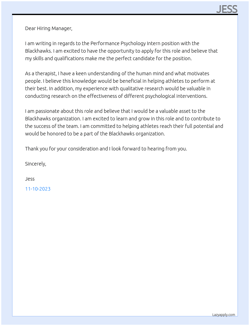 Performance Psychology Intern At Blackhawks Cover Letter