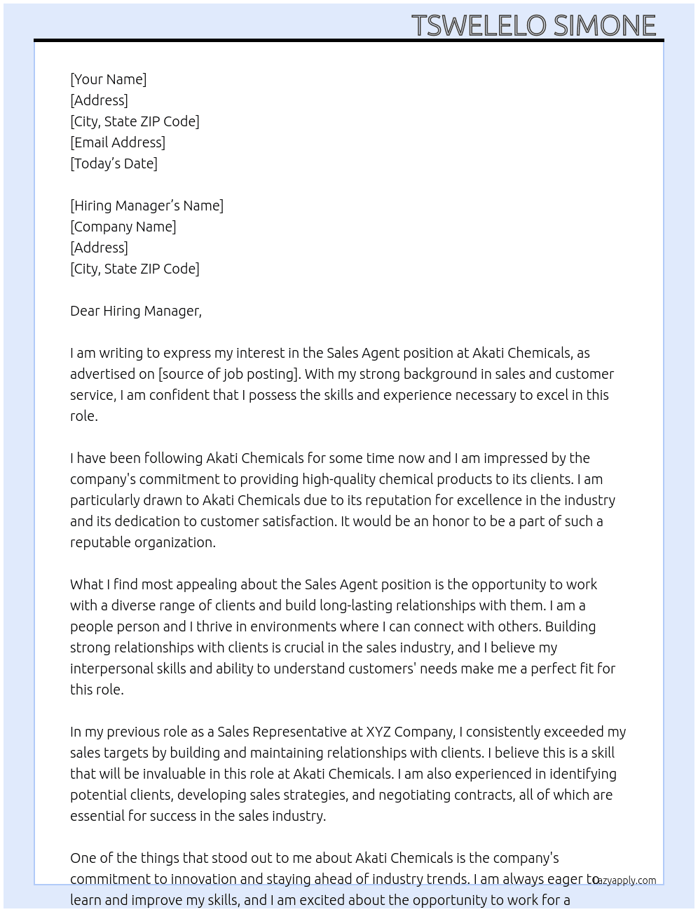 Sales agent At Akati Chemicals  Cover Letter