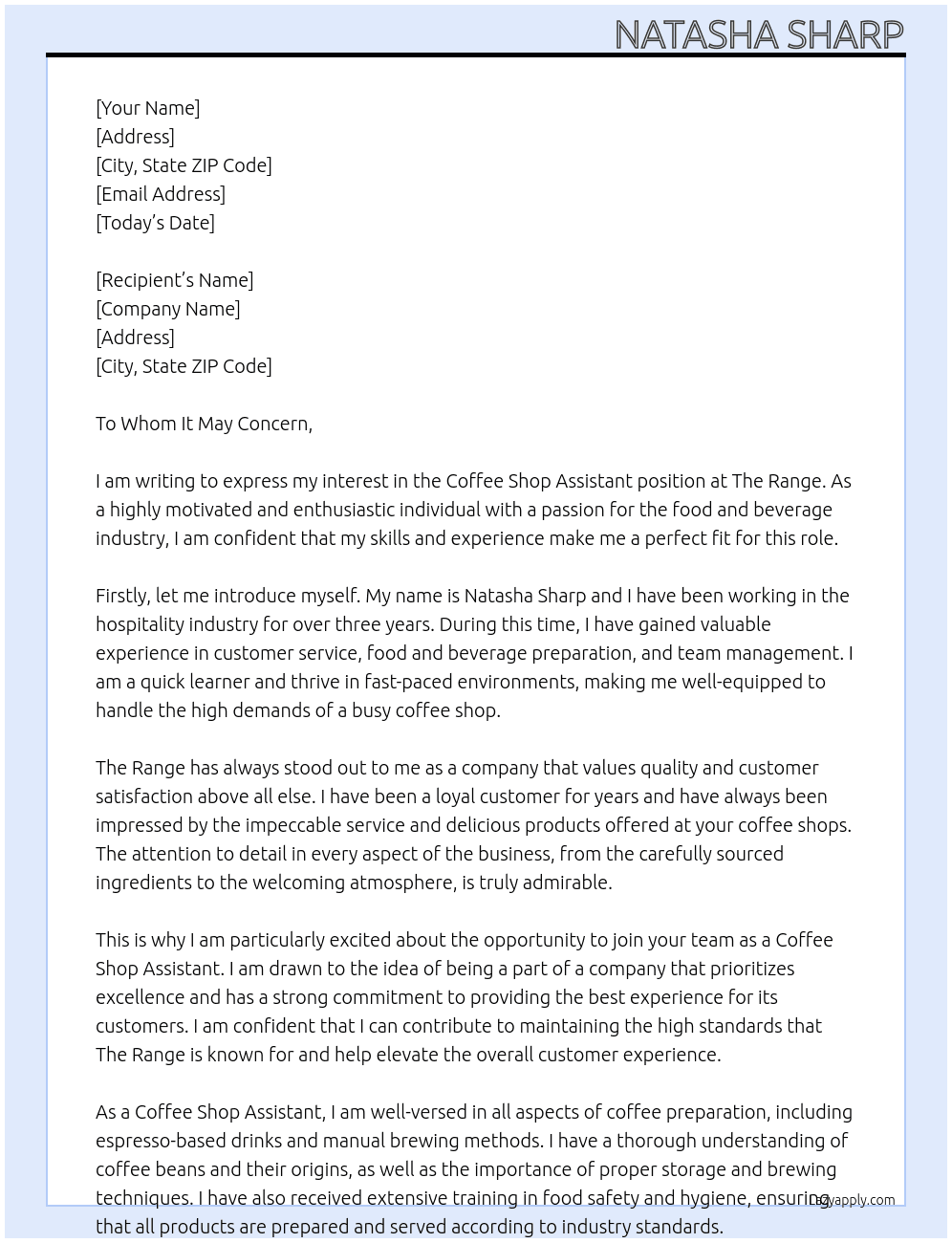 Coffee Shop Assistant At The Range Cover Letter