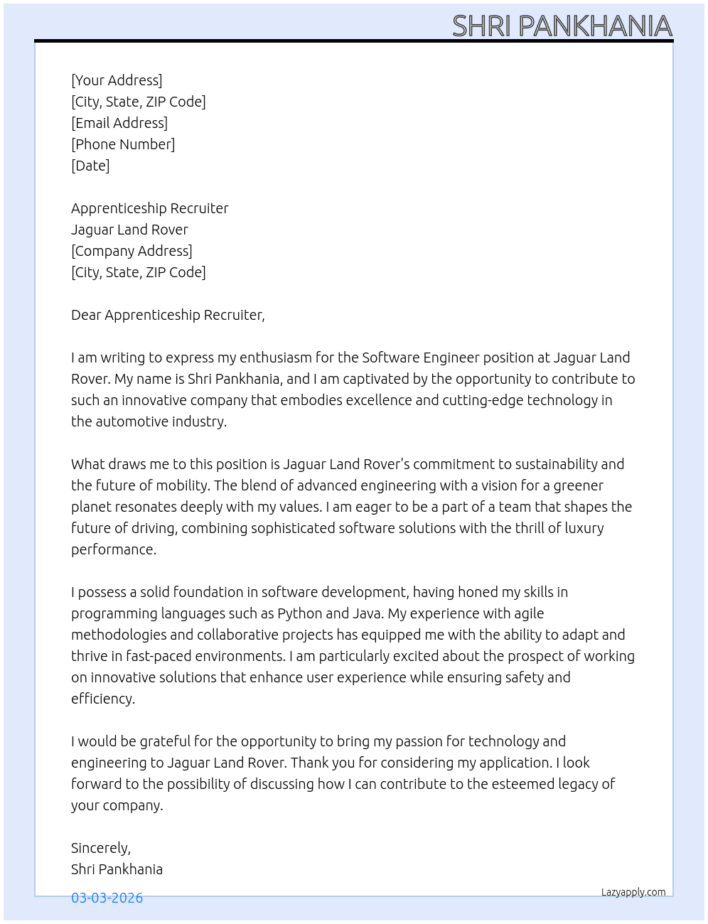 Software eingineer At Jaguar Land Rover Cover Letter