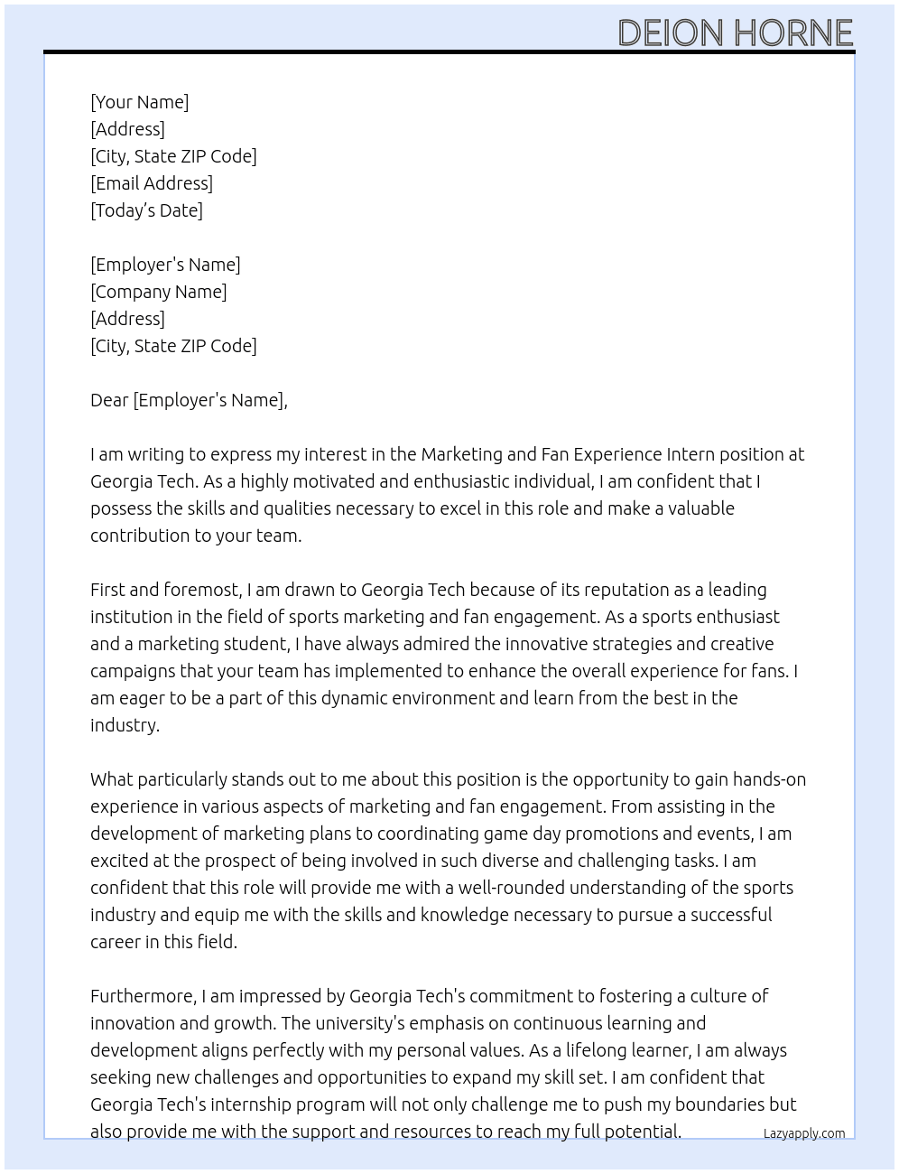 Marketing and Fan Experience Intern At Georgia Tech Cover Letter