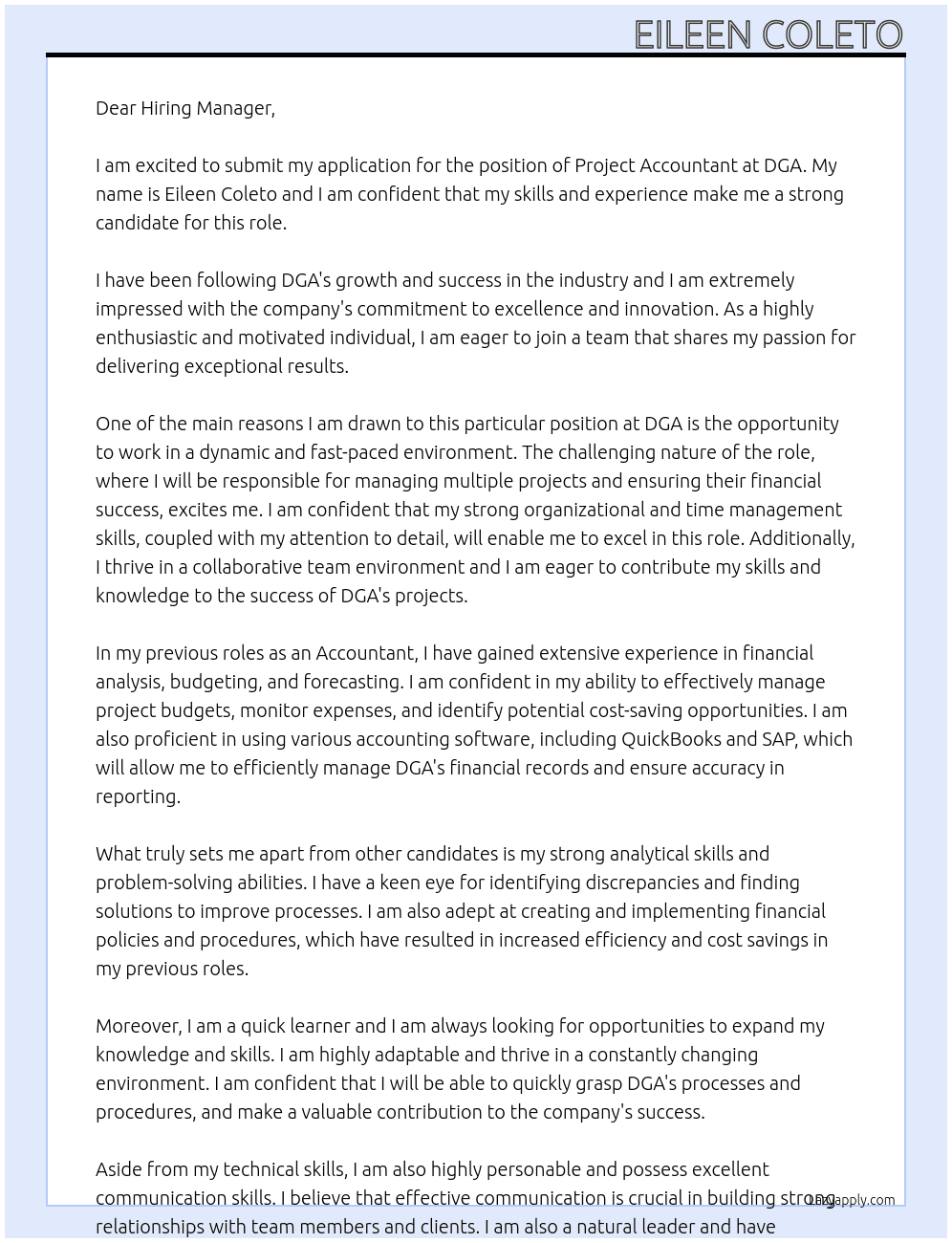 Project Accountant At DGA Cover Letter