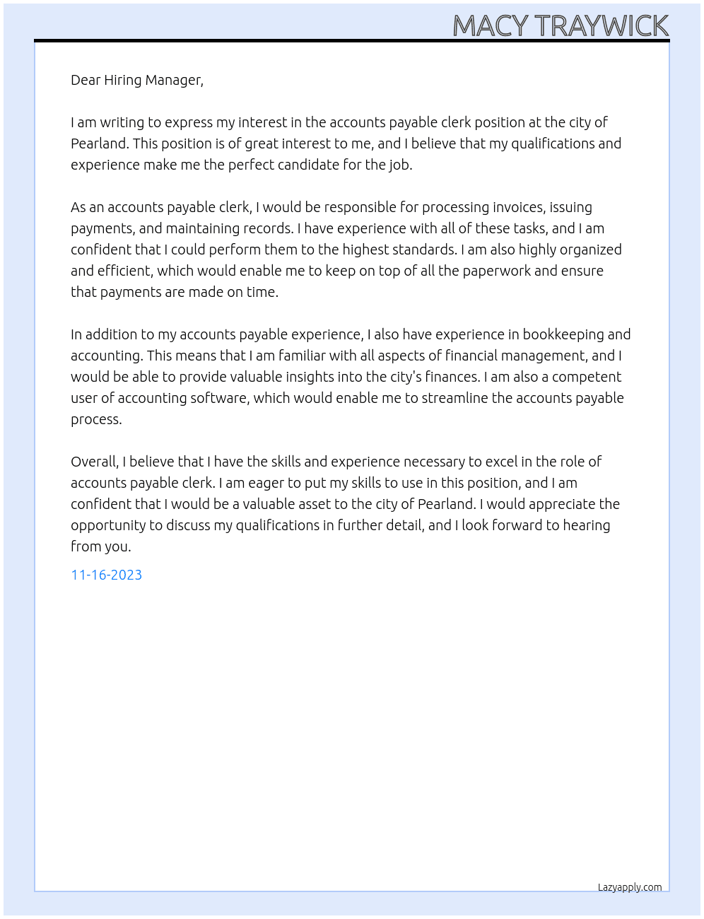 accounts payable clerk At the city of pearland Cover Letter