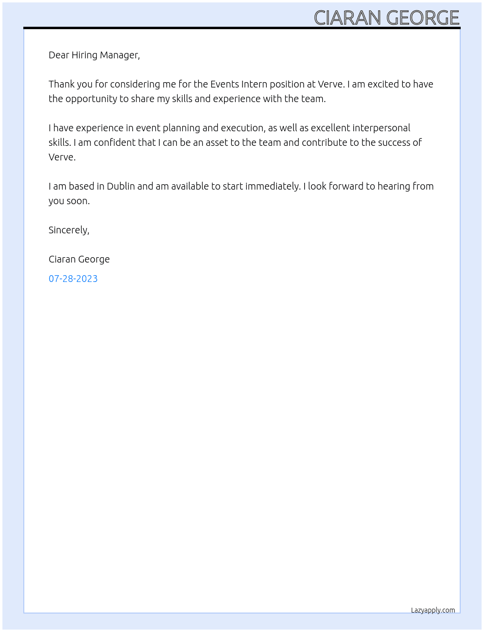 Events Intern At Verve  Cover Letter