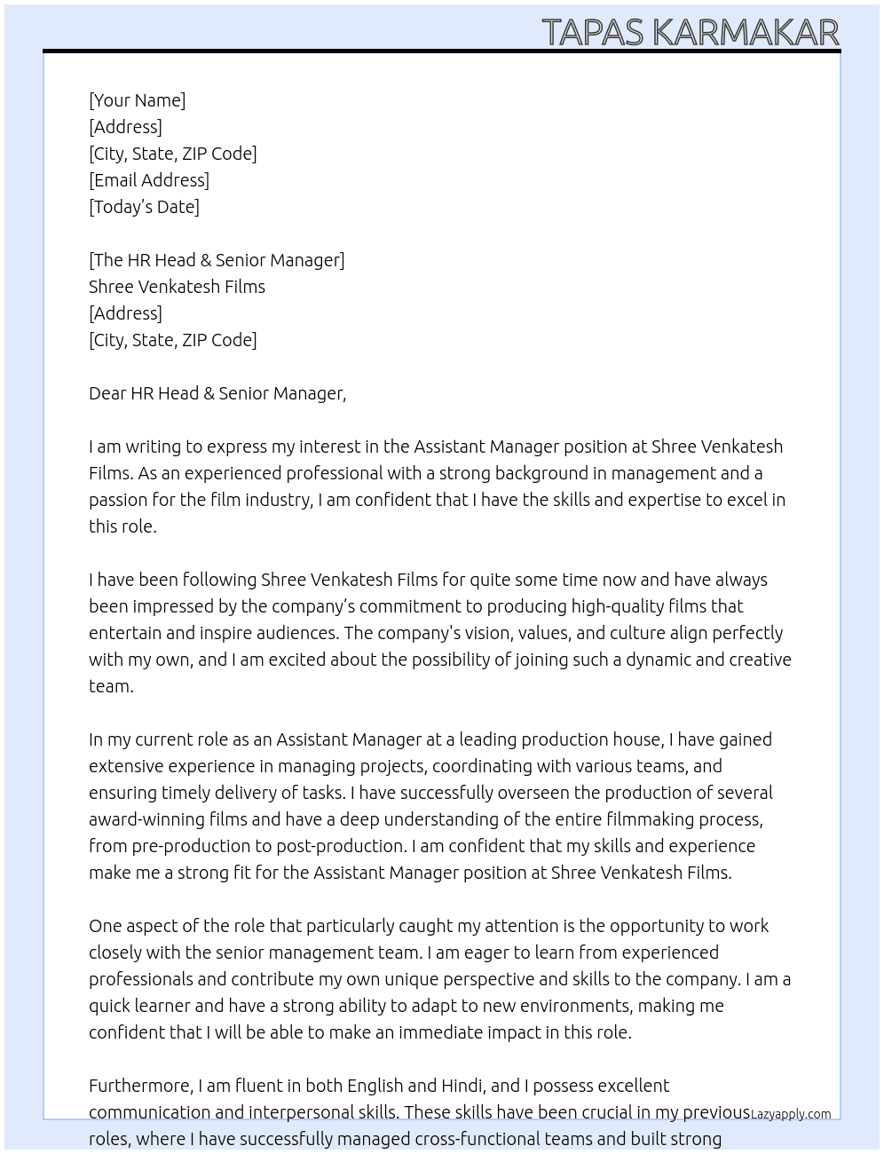 Assistant Manager At Shree Venkatesh Films  Cover Letter
