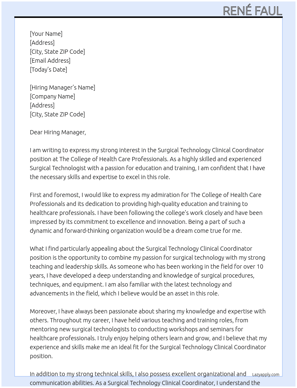 Surgical Technology Clinical Coordinator At The College of Health Care Professionals Cover Letter
