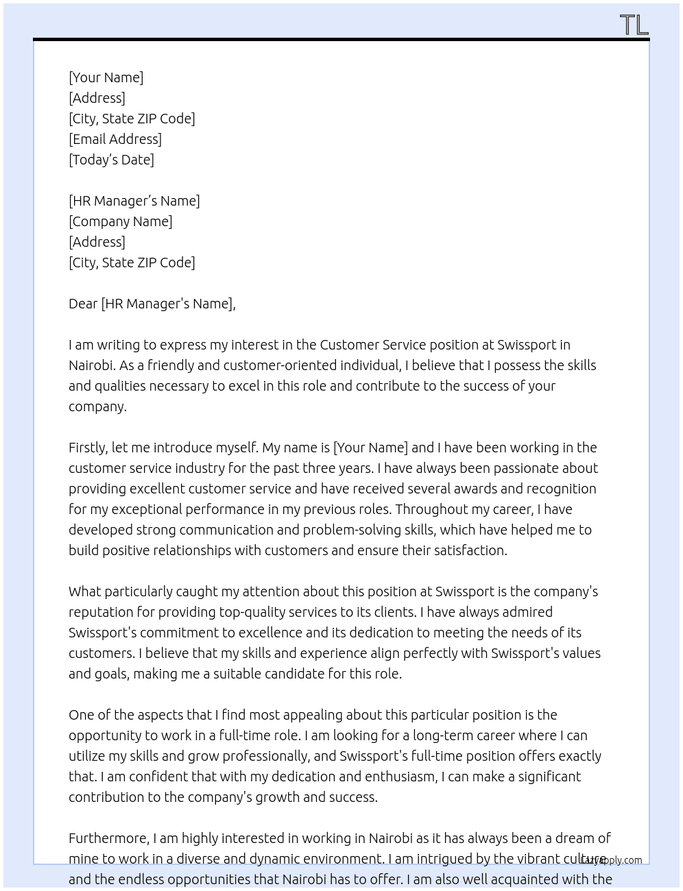 Customer service  At Swiss port Cover Letter