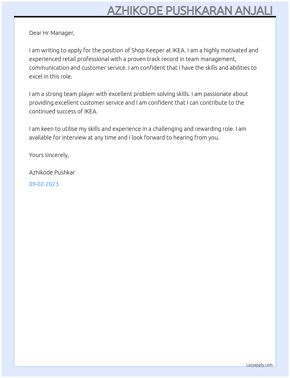 SHOP KEEPER  At IKEA Cover Letter