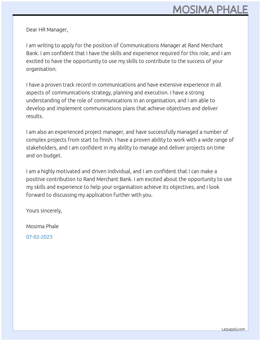 Communications Manager At Rand Merchant Bank  Cover Letter
