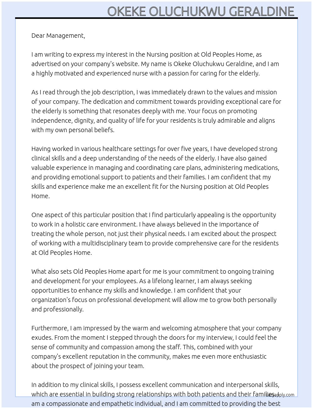 Nursing  At Old peoples home  Cover Letter