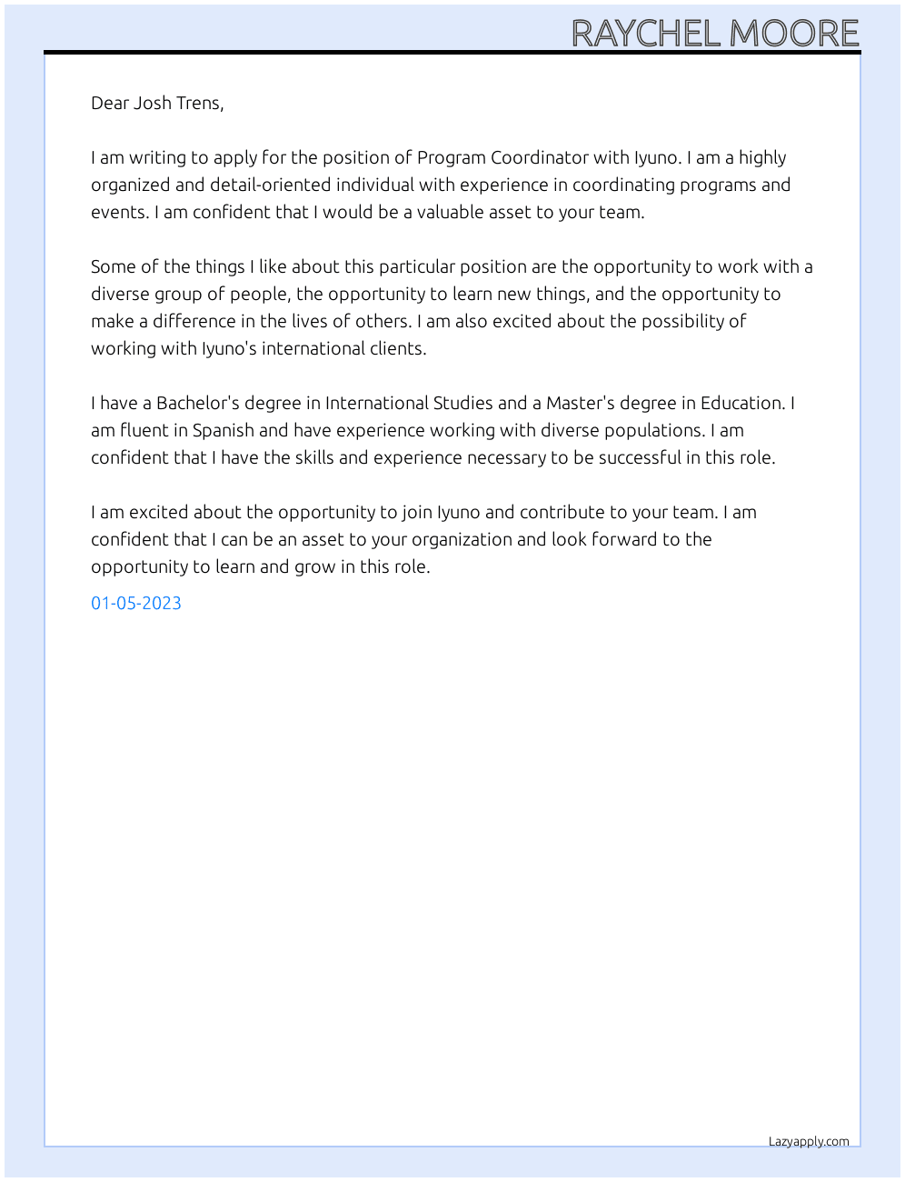 Program Coordinator At Iyuno Cover Letter