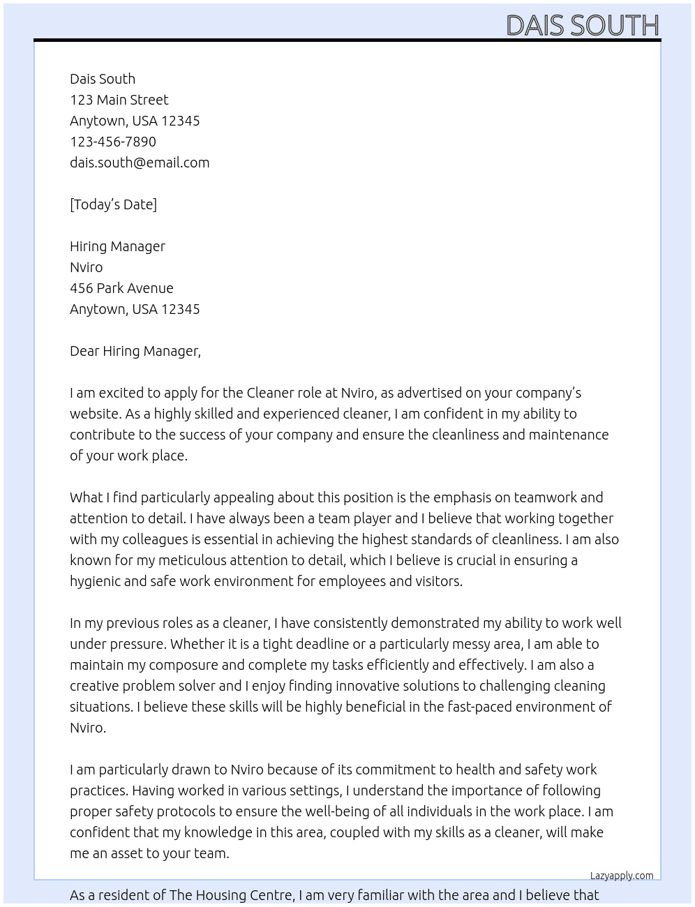 Cleaner At Nviro Cover Letter