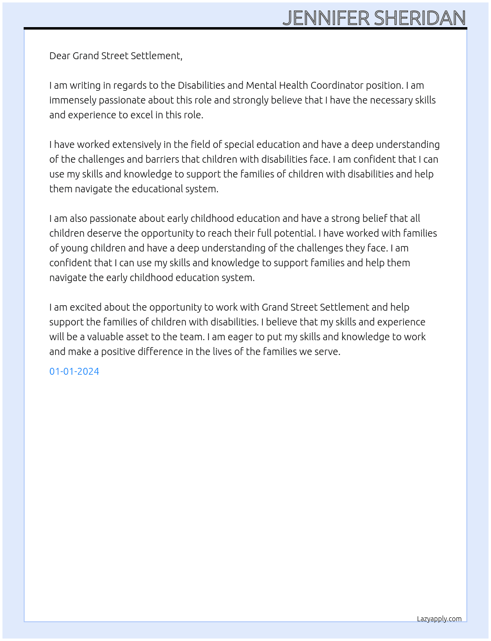 Disabilities and Mental Health Coordinator At Grand Street Settlement Cover Letter