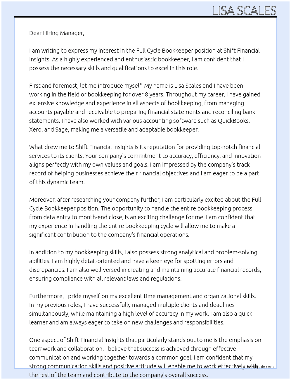 Full Cycle Bookkeeper At Shift Financial Insights Cover Letter