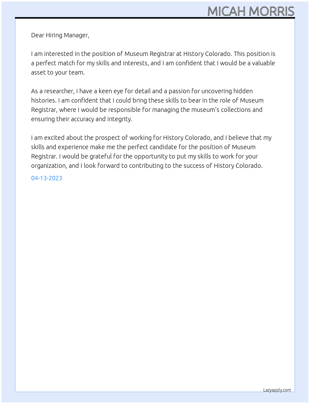 Museum Registrar At History Colorado Cover Letter