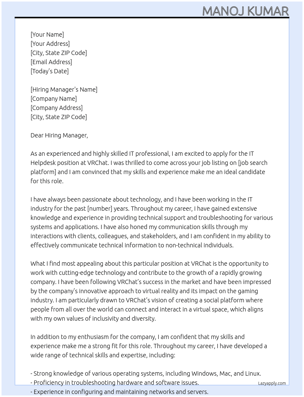 IT Helpdesk At VRChat Cover Letter