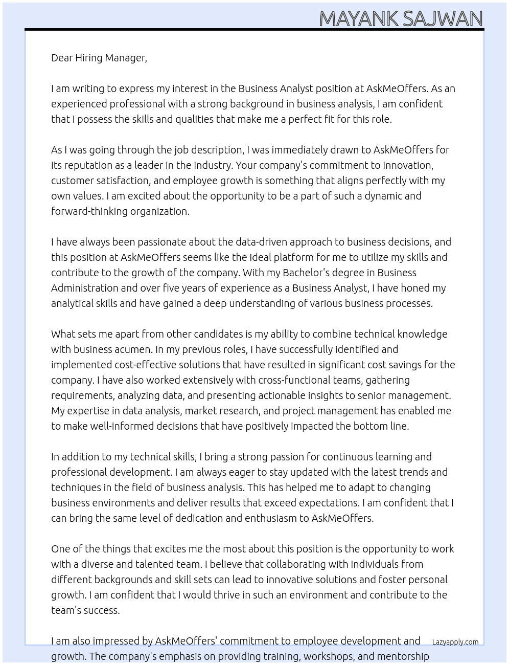 Business Analyst At AskMeOffers Cover Letter