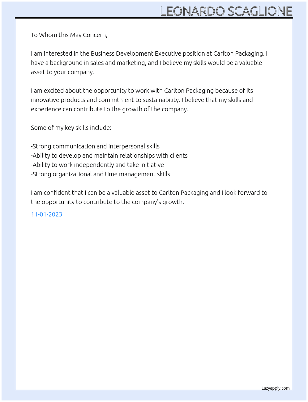 Business development executive At Carlton Packaging  Cover Letter