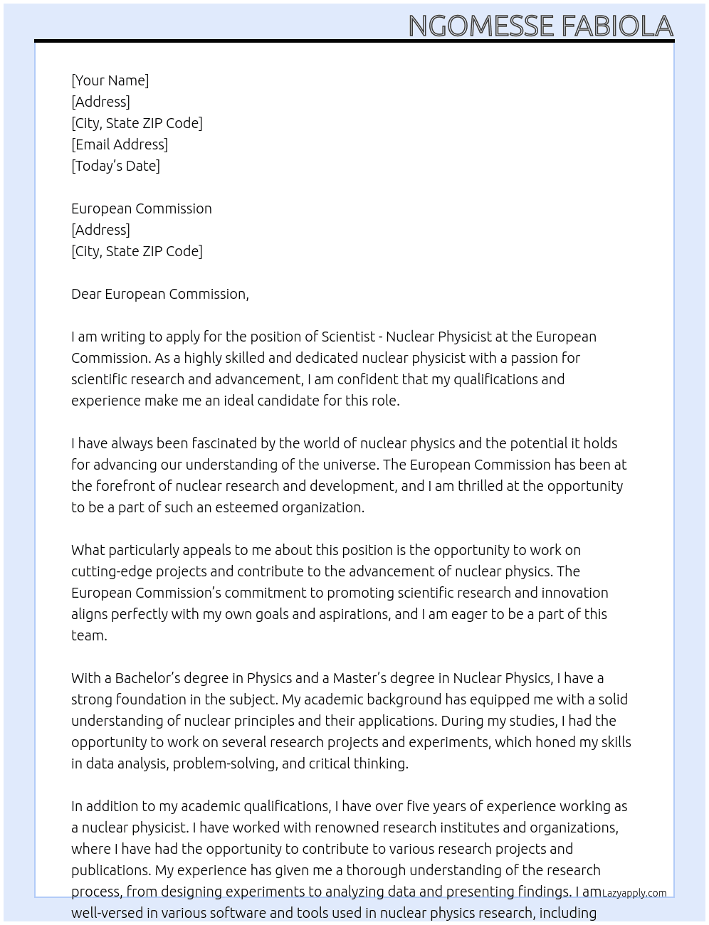 scientist - nuclear physicist At European comission Cover Letter