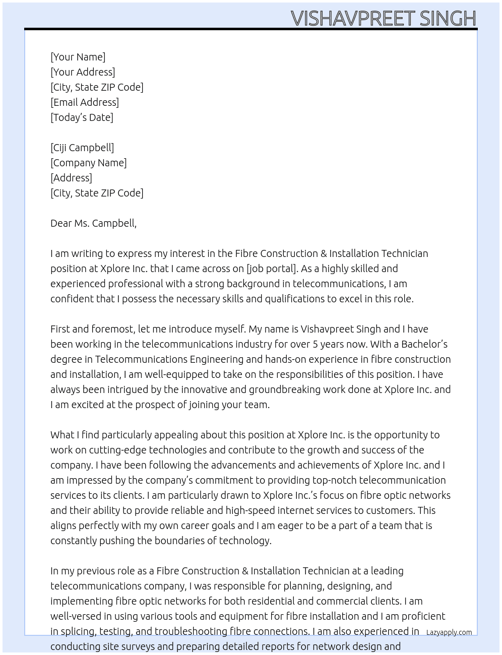 Fibre Construction & Installation Technician At Xplore Inc. Cover Letter