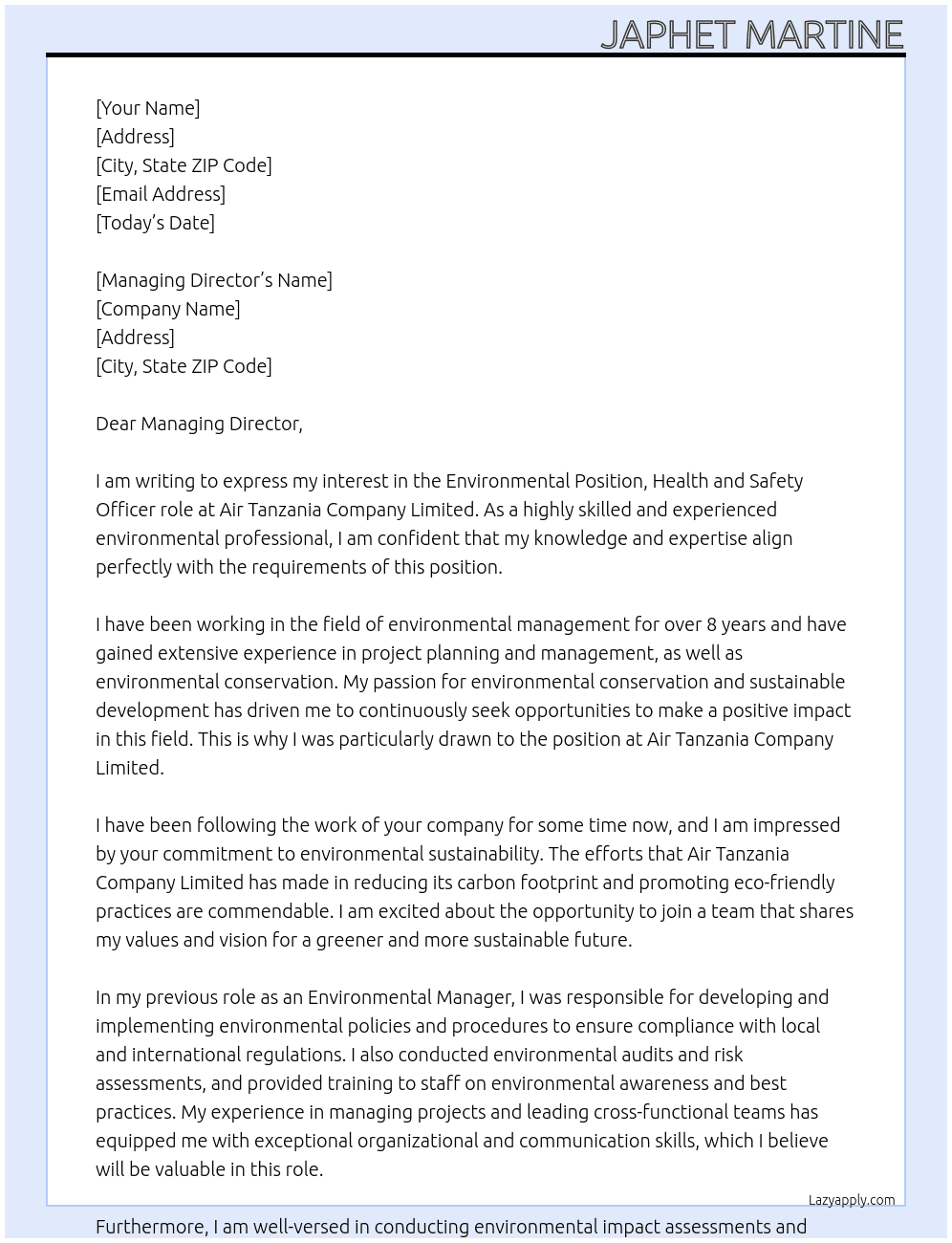Environmental Position,  Health and Safety officer At Air Tanzania Company Limited Cover Letter