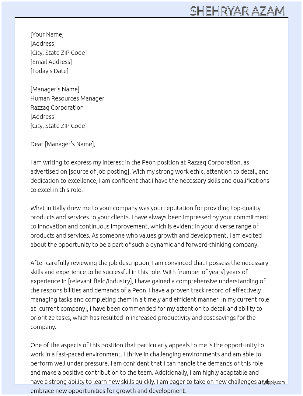 Peon At Razzaq Corporation Cover Letter
