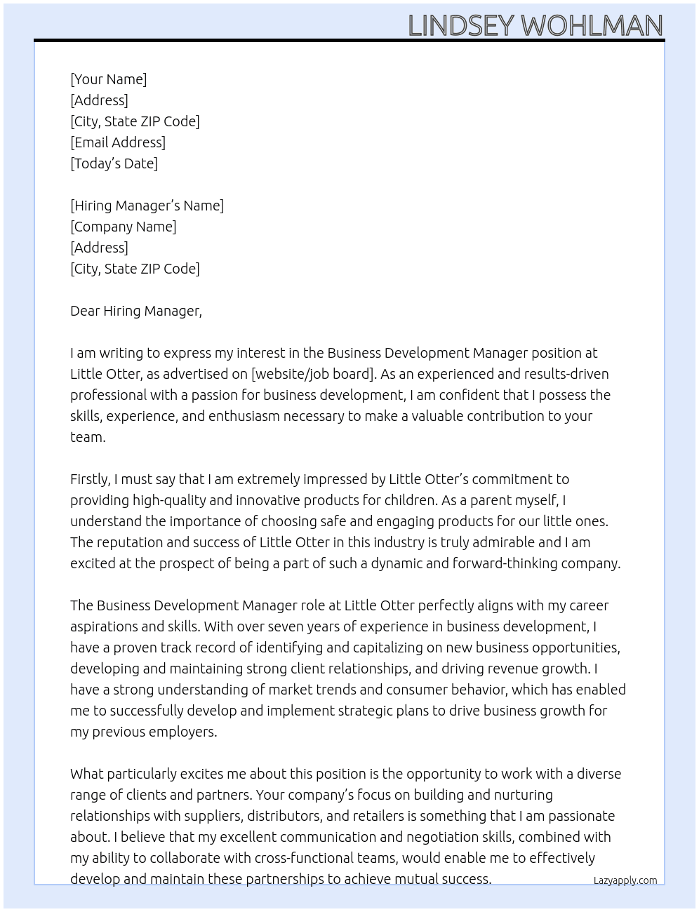 Business Development Manager At Little Otter Cover Letter