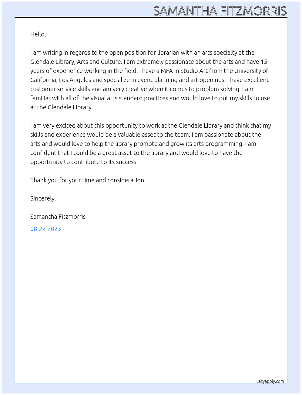 Librarian Arts specialty At Glendale Library, Arts and Culture Cover Letter