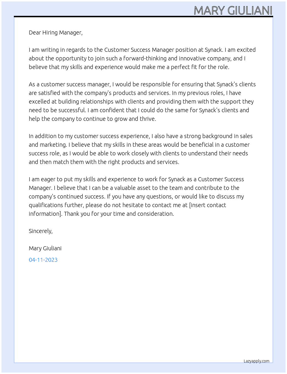 Customer Success Manager At Synack Cover Letter