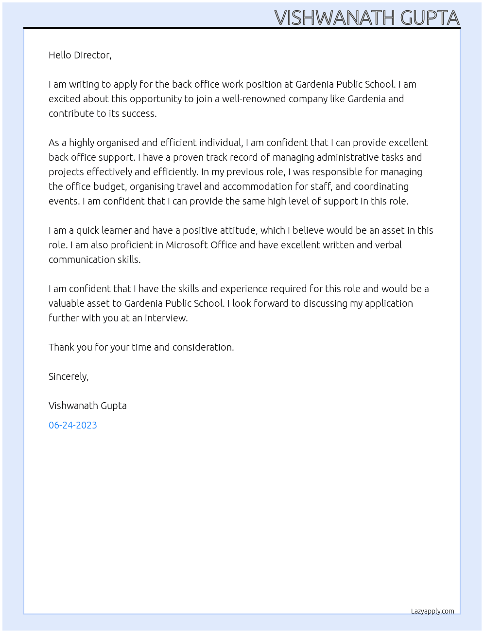 Back office work At gardenia public school Cover Letter