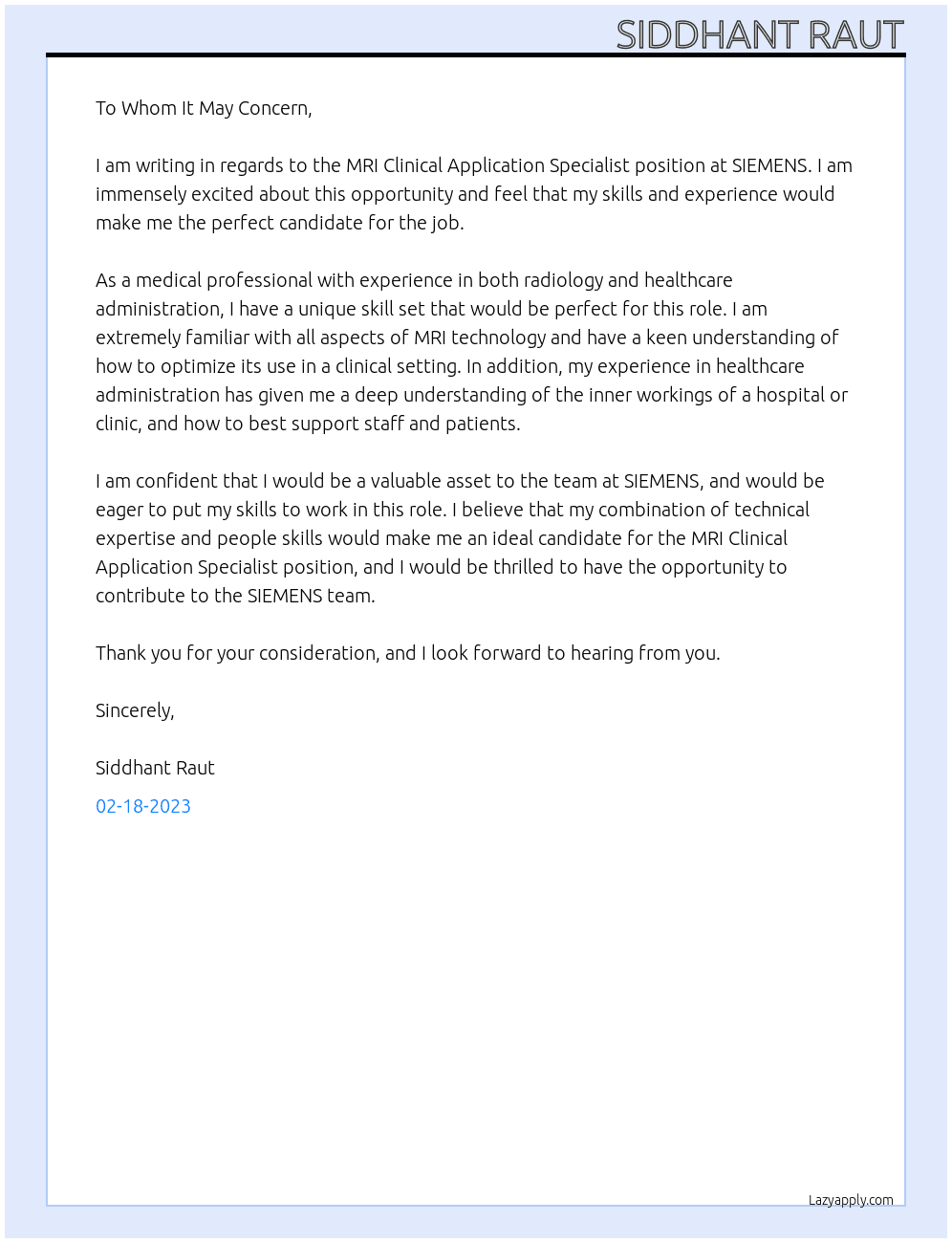 Cover letter for mri clinical application specialist - LazyApply