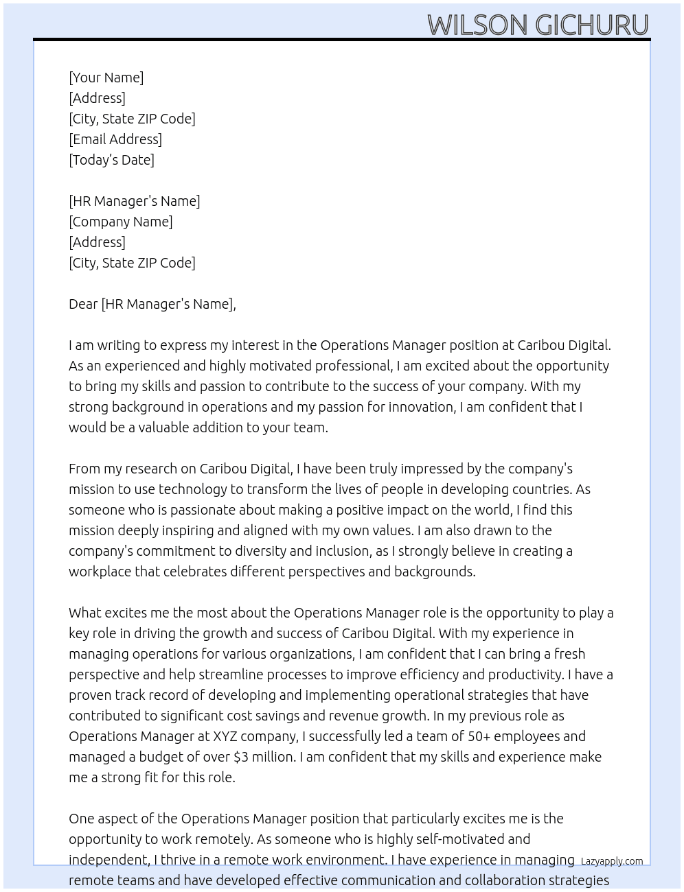 Operations Manager At Caribou Digital  Cover Letter