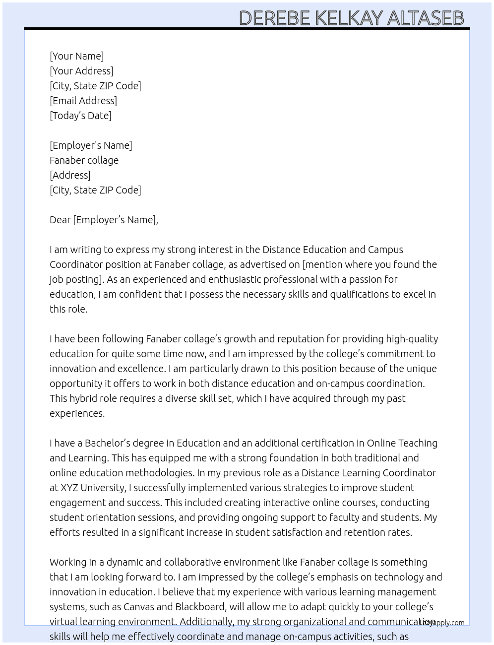 Distance education and campus coordinator  At Fanaber collage Cover Letter