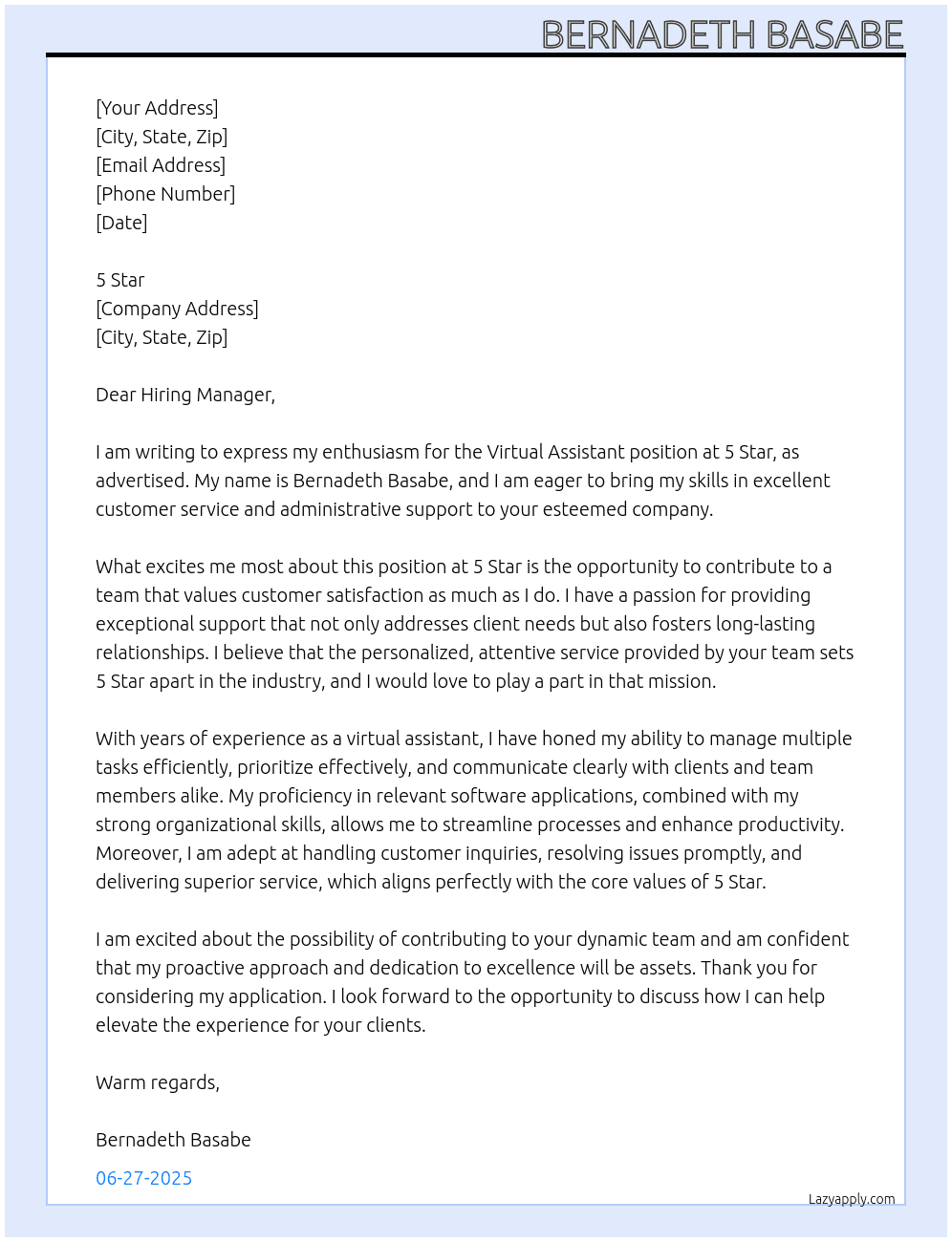 virtual assistant At 5 Star Cover Letter