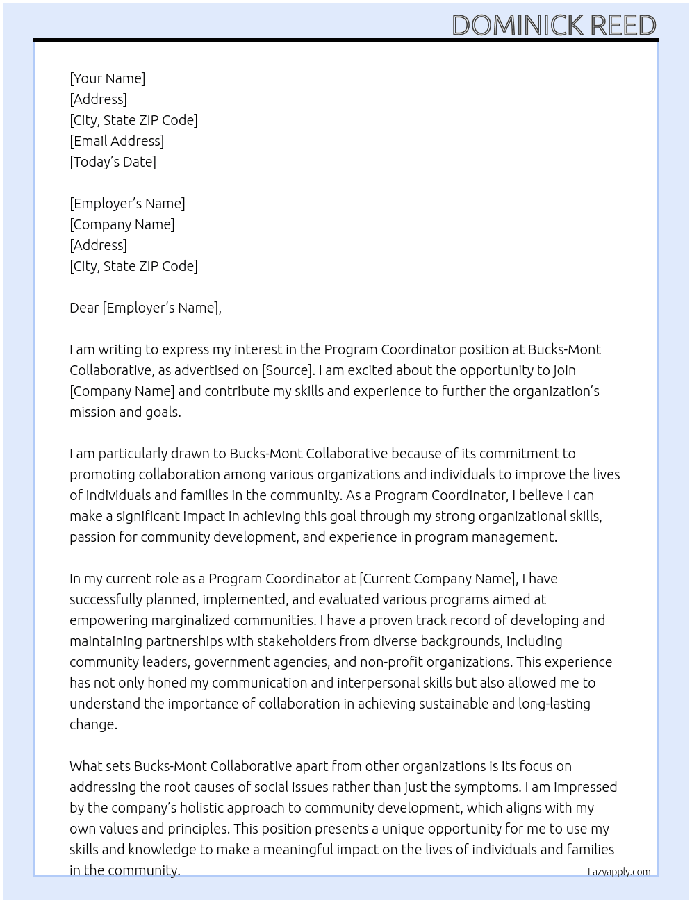 Program Coordinator At Bucks-Mont Collaborative Cover Letter