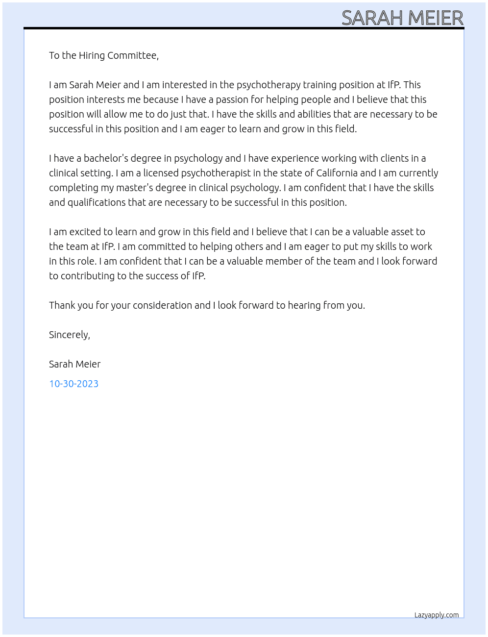 Psychotherapy training  At IfP Cover Letter